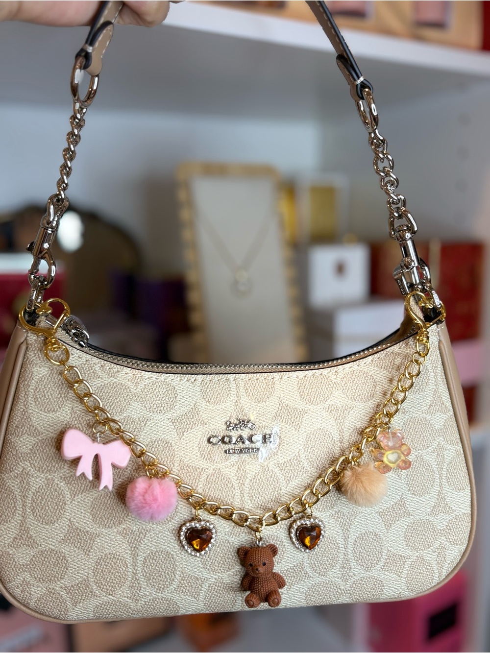 Coach Beige Canvas Mini Shoulder Bag with Tan Leather Patch